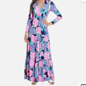 Lilly Pulitzer Martinique Tiered Long Sleeve Floral Dress - Blue and Pink